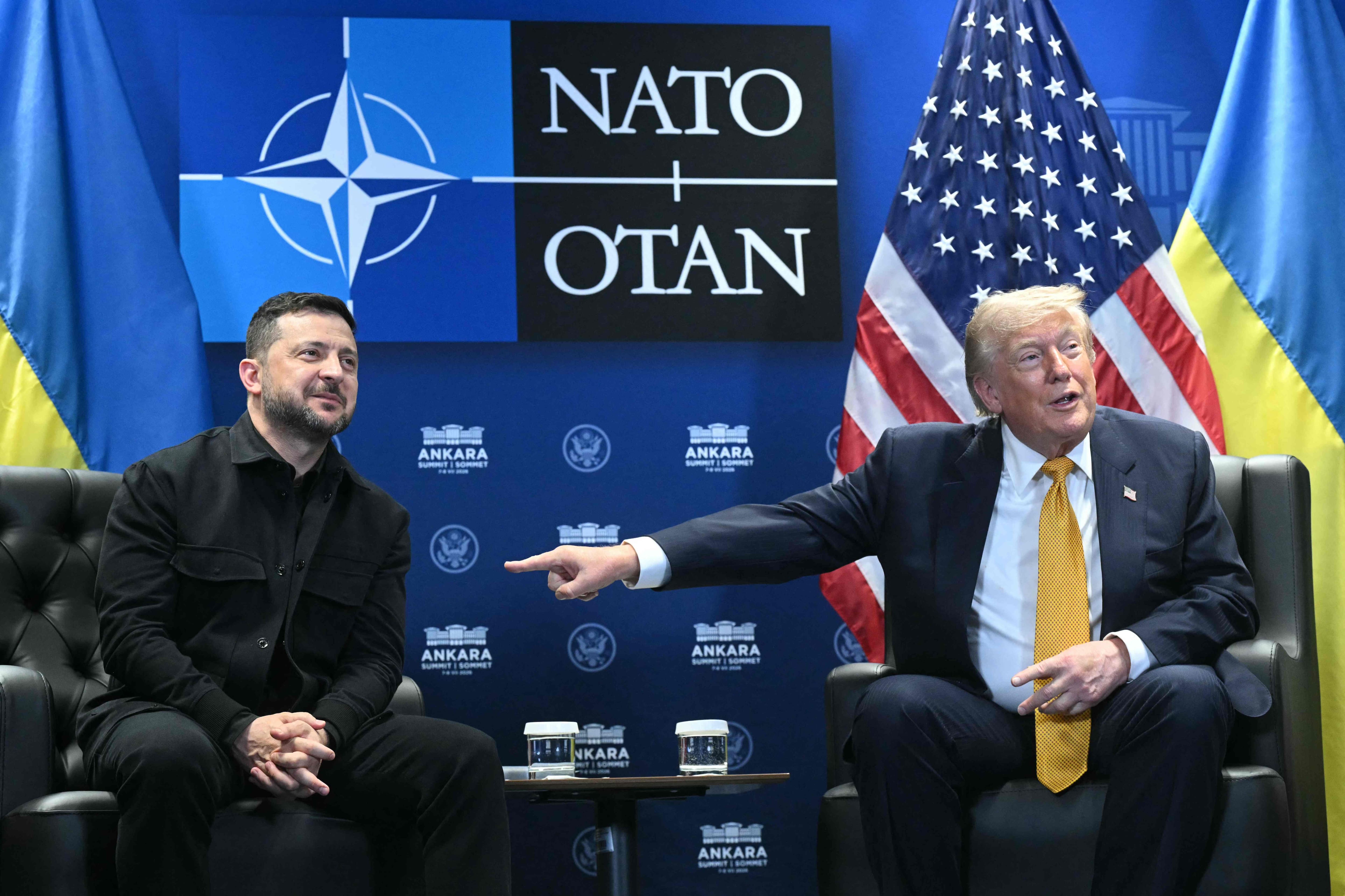 Ukrainian President Volodymyr Zelensky (L) meets with U.S. President Donald Trump on the sidelines of the NATO summit at the Bestepe presidential complex in Ankara, July 8, 2026.