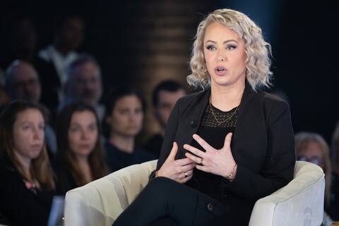 Shooting of the show Le Monde à l'envers, hosted by Stéphan Bureau, live and in front of an audience, at TVA studios, in Montreal on Friday, April 21, 2023. IN THE PHOTO: Stéphanie Raymond. TOMA ICZKOVITS / QMI AGENCY