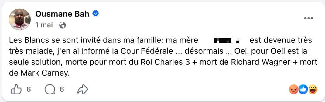 Publication d'Ousmane Bah, résident de Québec arrêté par la GRC le 24 septembre 2026 entre autres pour des menaces à Mark Carney faite en ligne.
