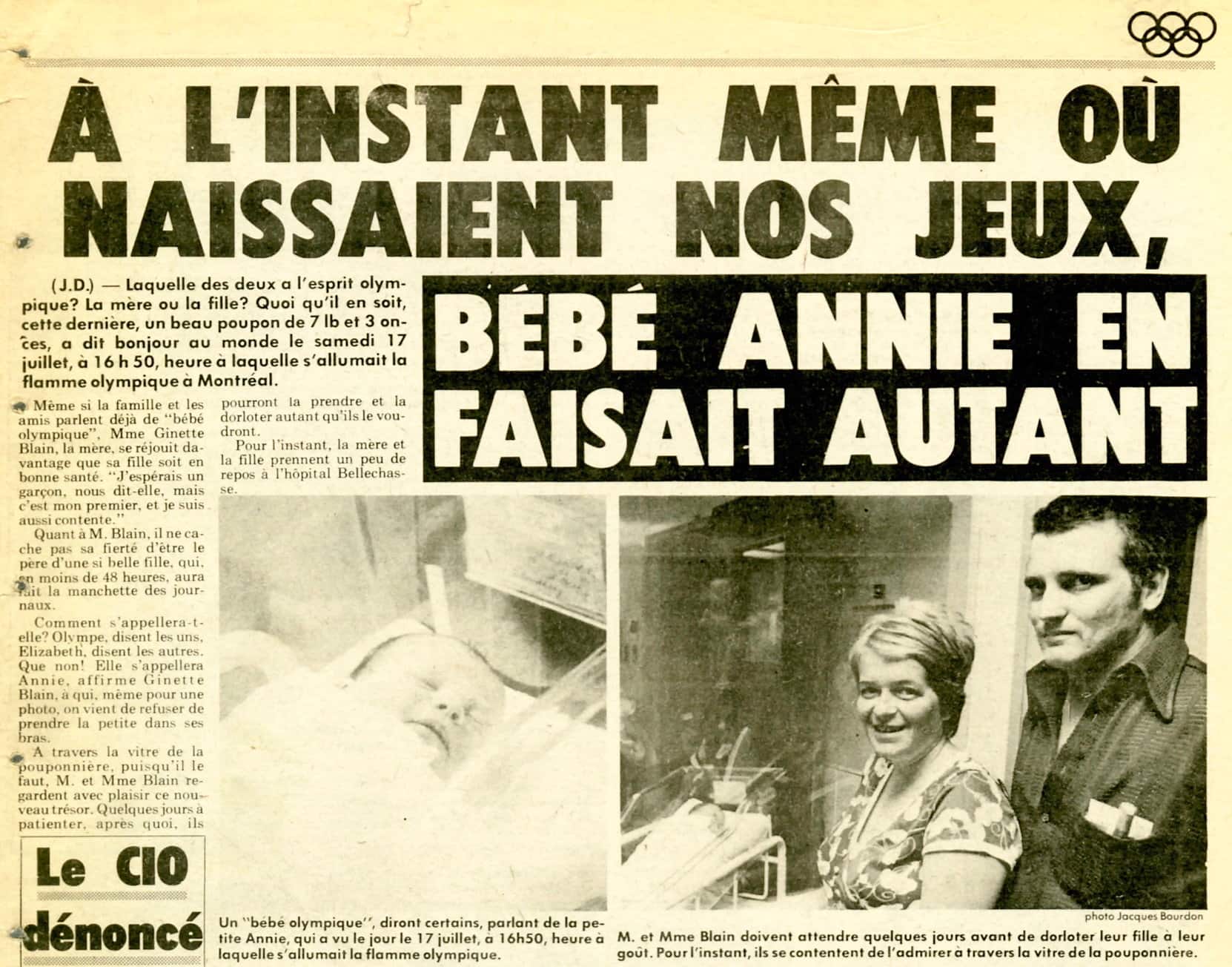 Dans un texte publié par Le Journal de Montréal, le lundi 19 juillet 1976, il était question de la naissance d’un «bébé olympique», deux jours plus tôt à 16h50, soit l’heure à laquelle s’allumait la flamme olympique durant la cérémonie d’ouverture des Jeux. PHOTO JACQUES BOURDON / LE JOURNAL DE MONTRÉAL / ARCHIVES