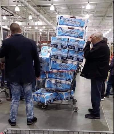 On the left, a customer stocking up on toilet paper at Costco on March 13, 2020. On the right, seniors received wishes for their 90th birthday through their home window on March 23, 2020... confinement required.