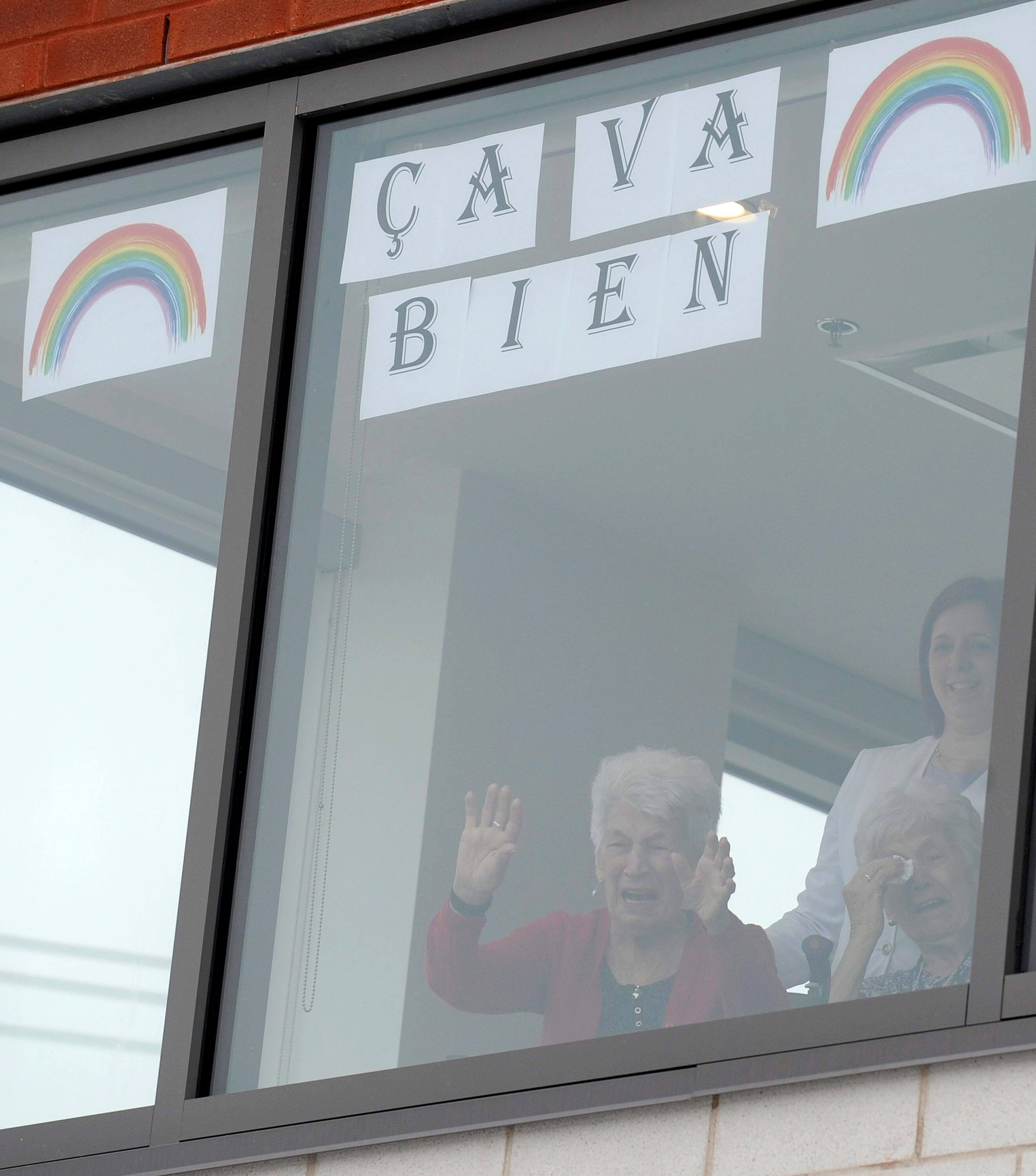 On the left, a customer stocking up on toilet paper at Costco on March 13, 2020. On the right, seniors received wishes for their 90th birthday through their home window on March 23, 2020... confinement required.