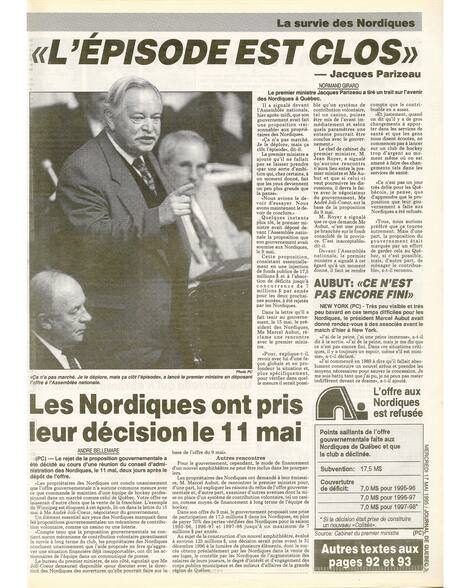 La veille, les Fleurdelisés étaient éliminés par les Rangers. Le lendemain, <i>The newspaper</i> title: “It’s over”, while Marcel Aubut refuses the offer from Quebec.” title=”Quebec Nordiques” class=”lazyload”/><br /> </source></picture> <meta itemprop=