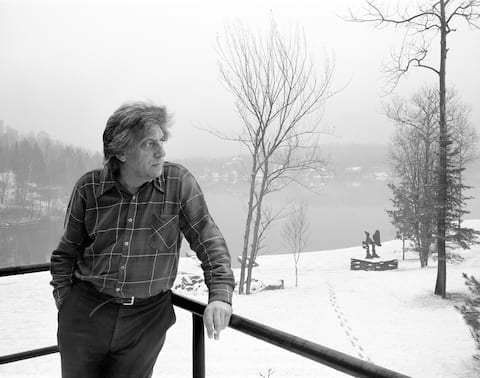 Photographed in 1976 by painter Jean-Paul Riopelle in his studio in Sainte-Marguerite-du-Lac-Maison.