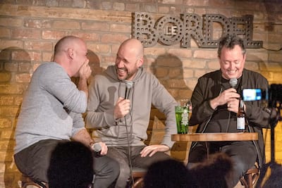 Los seis copropietarios del Bordel Comedy Club cuando se lanzó en abril de 2015: Charles Deschamps, Louis-José Houde, François Bellefeuille, Mike Ward, Martin Petit y Laurent Paquin.