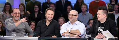 Los seis copropietarios del Bordel Comedy Club cuando se lanzó en abril de 2015: Charles Deschamps, Louis-José Houde, François Bellefeuille, Mike Ward, Martin Petit y Laurent Paquin.