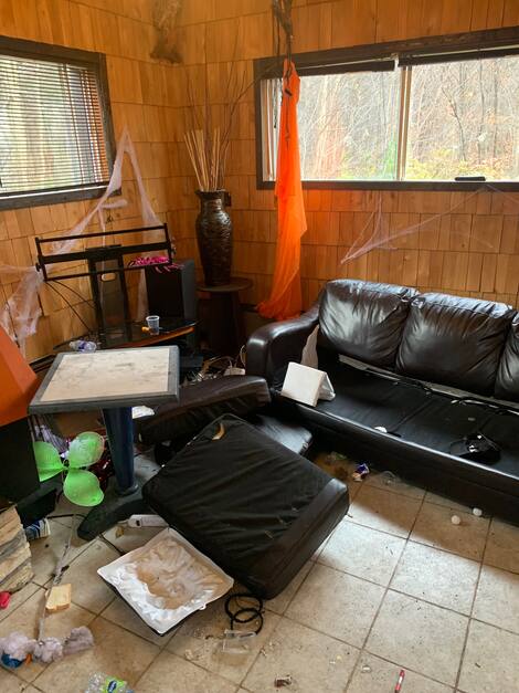 Robbed Cottage - Halloween A new landlord has shed tears this weekend after seeing his entire rental room looted by more than 300 partygoers who came to the party for Halloween. In these photos: Damage after party Credit: courtesy