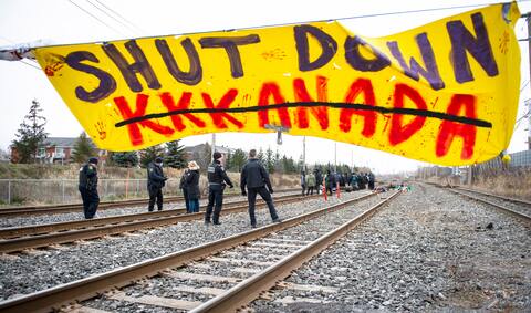 Dozens of people blocked CN tracks in Saint-Lambert on Saturday in support of Wet'suwet'en Nation.