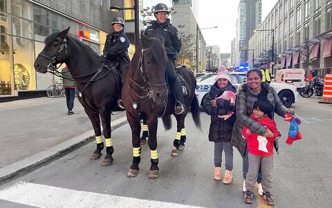 Dinah and Chet were amazed to see the cross horse police in Montreal Downtown. They are in the company of Mother Nadeeka.