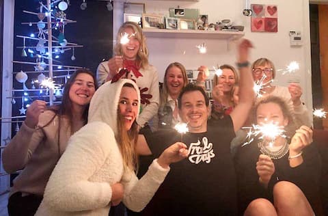 The alpine ski team was invited to dinner with Elka Stohic (bottom right), a snowboarder from Slovenia. Pictured: Marie-Michel Gagnon, Lawrence Saint-Germain, Irene Melczynski, Ronnie Remy, Valerie Grenier plus Stohk's mother and brother.