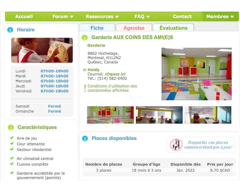 The business appears on the MaGarderie.com site at a daily rate of $8.70 per day, as if it were subsidized by the government, which it is not.