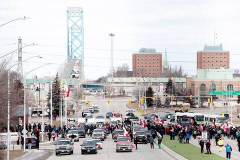 Pedestrians, truckers and vehicles have been blocking traffic for days on the Ambassador Bridge connecting Detroit and Windsor.