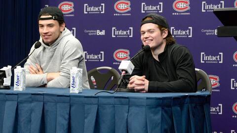 Nick Suzuki (left) and Cole Caufield will not cross swords in the World Championships.