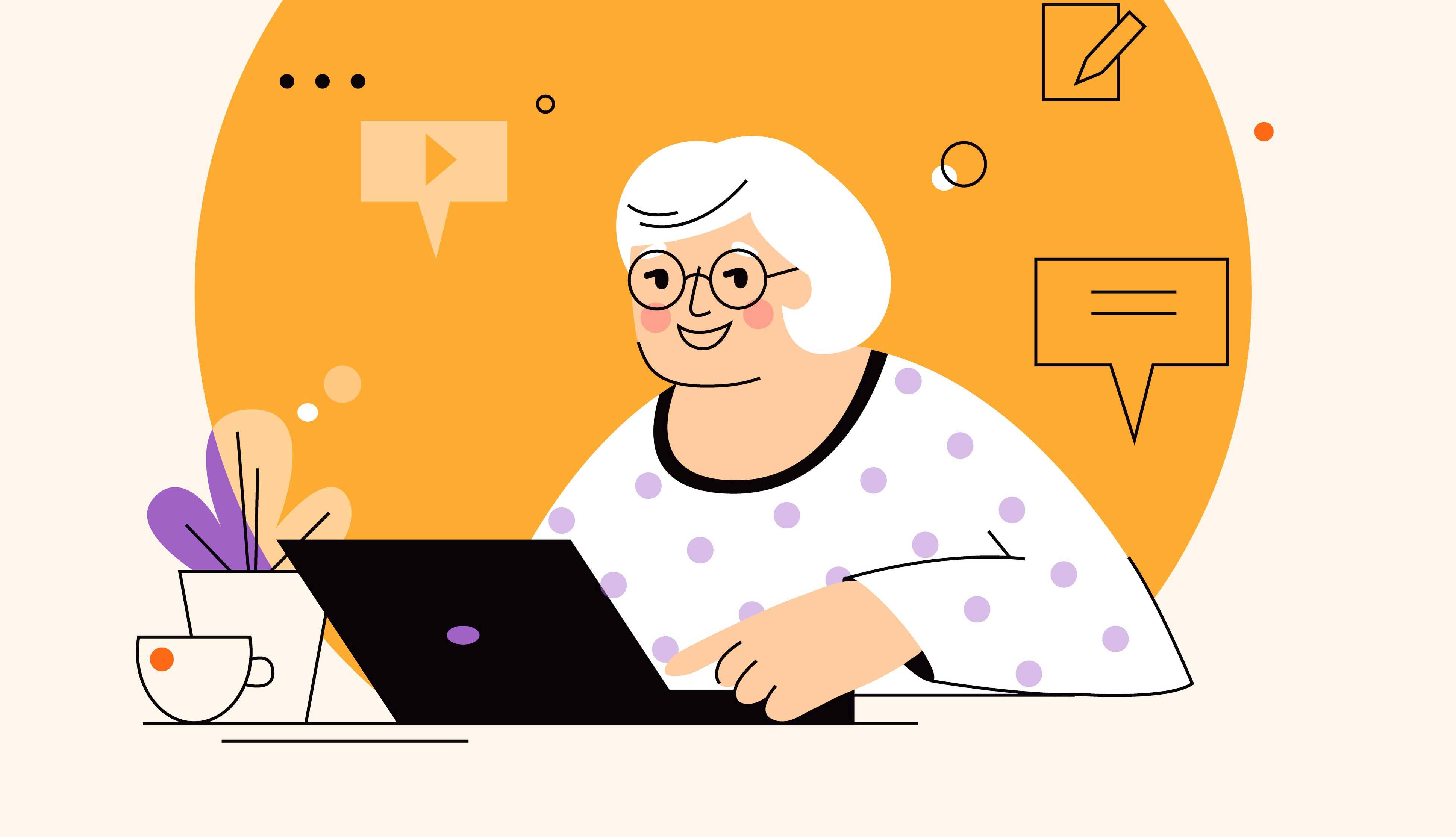 Happy grandma with laptop, elderly woman using computer for internet communication. Concept vector illustration, flat design.