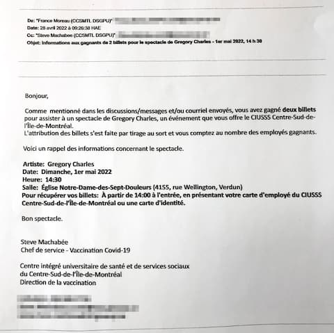 This email sent to CIUSSS employees made no mention of the political nature of the event.