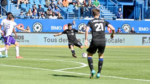 In the eyes of Lassi Lapplineen, forward Joaquin Torres shot towards the Orlando City SC goal at Stade Saputo yesterday.