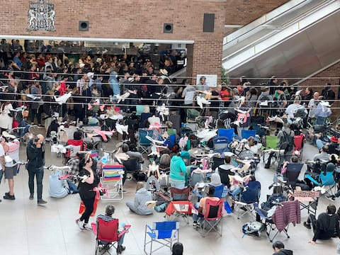 A bird's eye view of the chaos at the Guy Favreau Complex in Montreal on Tuesday morning.