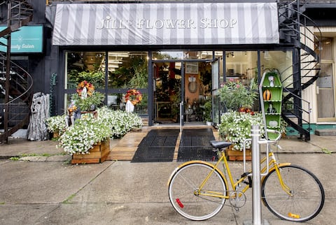 Business signs were modified for filming.