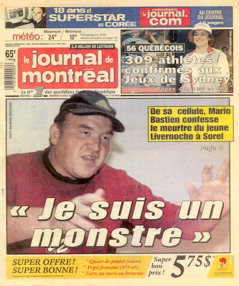 The front page of the Journal de Montreal of August 16, 2000, after the killer confessed to his murder to a journalist.