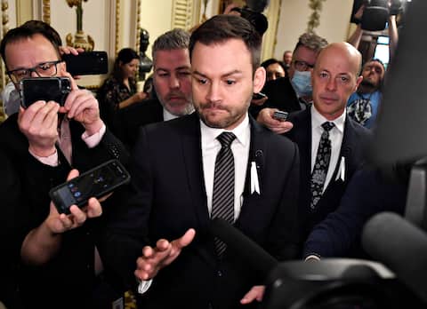 PQ leader Paul Saint-Pierre Plamondon and deputies Pascal Bérubé and Joel Arceneau were unable to enter the Blue Room to sit Thursday because they refused to take the oath to the king.