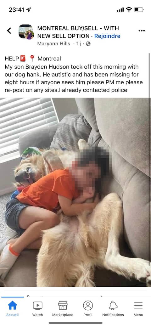 This publication announces the false disappearance of young Brayden Hudson in Montreal. The Journal found the same on several Facebook groups in many cities in Canada and the United States. Each time, the name and the clichés used are the same. Only the region is changed by the scammer.