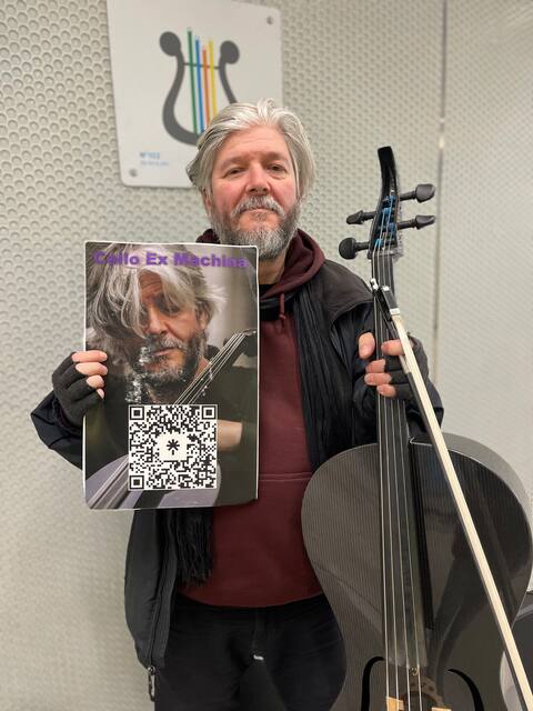 Cellist Philippe Mius d'Entremont has been playing on the metro since 2001 and uses a QR code that redirects people to his PayPal account for electronic tips.