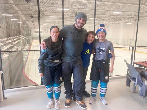 (L to R) Jacqueline Louie, Sharks coach Brandon Hirschel, Jackson Bailey and Matthias Baniqued following their game