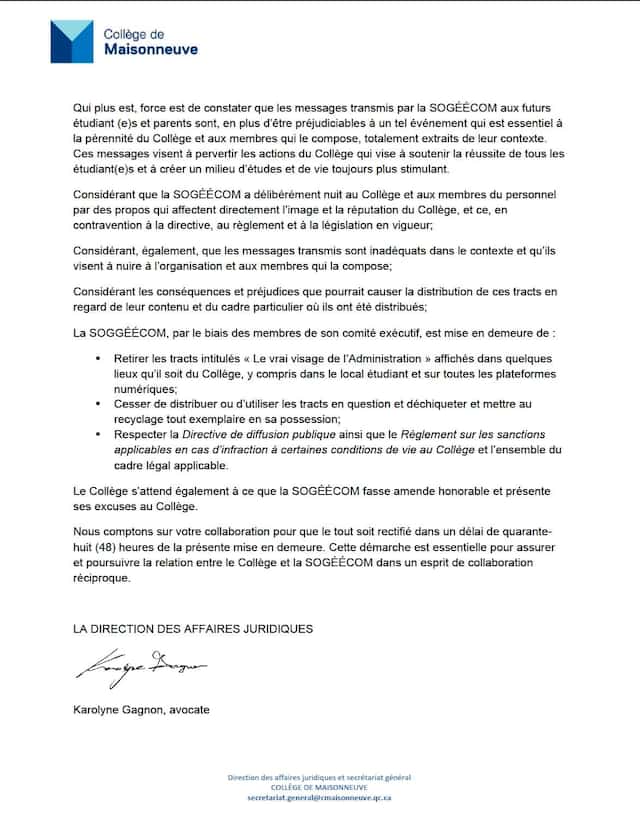 La mise en demeure envoyée par le cégep le 6 février.