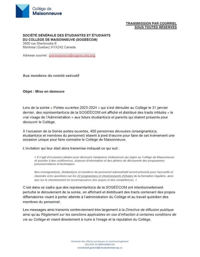 La mise en demeure envoyée par le cégep le 6 février.