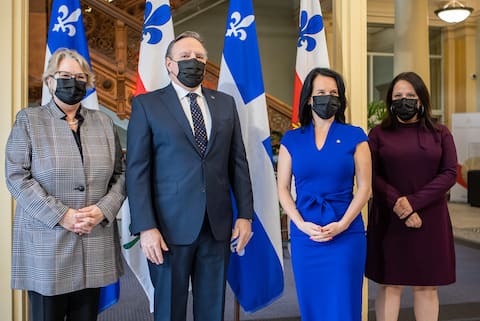 Minister Chantal Rouley, Premier Franకోois Legalt, Montreal Mayor Valerie Plante and Riviere-des-Prairie-Point-Aux-Trembles borough mayor, Caroline Bourgeois.