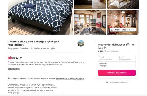 Windowless room for rent on Airbnb at 402, rue Notre-Dame Est in Montreal.