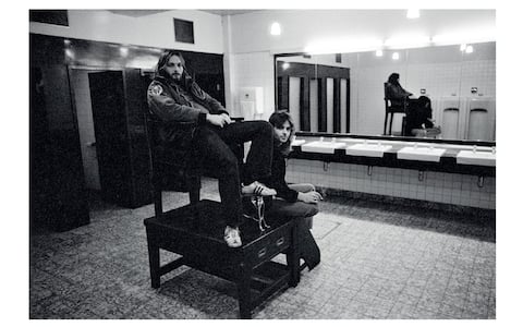 November 1974, David Gilmour and Richard Wright, backstage at the Empire Theatre, Liverpool, UK.