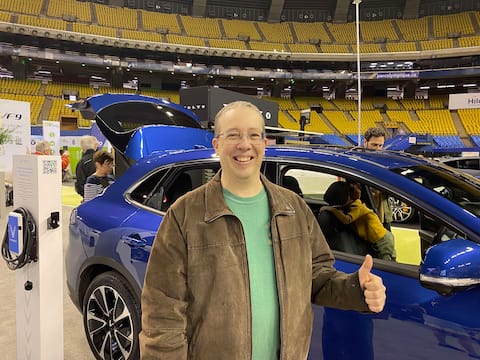 Sylvain Parenteau visits the Montreal Electric Vehicle Show at the Olympic Stadium on April 22, 2023. Photo by Audrey Robitaille