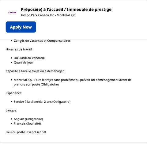 Indigo compte environ 80 stationnements au Québec, dont plus de 45 à Montréal, comme celui-ci sur la rue Sanguinet. Indiquez les exigences linguistiques dans l'une des offres d'emploi de l'entreprise.