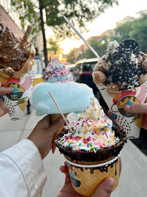Chez Gaufres et Glaces: Chocolate and Oreo puffy waffles, cup waffle dipped in chocolate and ice cream with rainbow cake decorations, 4376 boul. Saint Laurent.