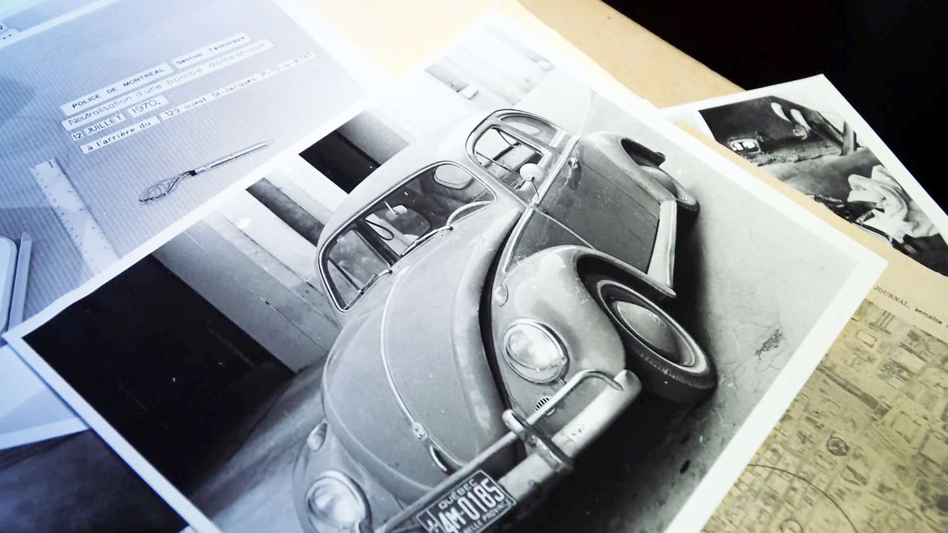 Le véhicule Volkswagen dans lequel se trouvait une bombe, que Robert Côté a réussi à désamorcer.