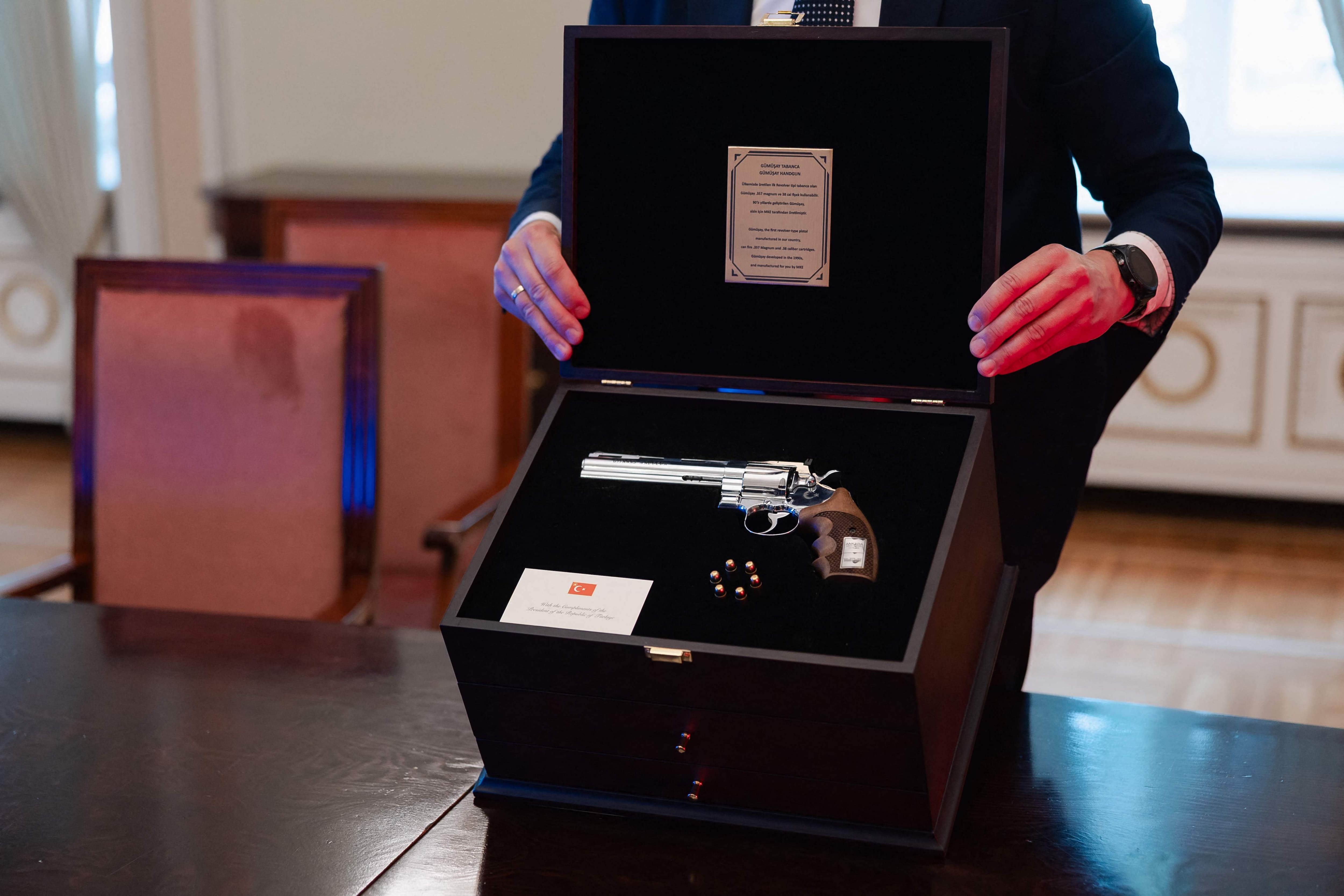This press photo taken on July 9, 2026 and obtained from the Lithuanian President's office shows a revolver given by Turkish President Recep Tayyip Erdogan to Lithuanian President Gitanas Nauseda.