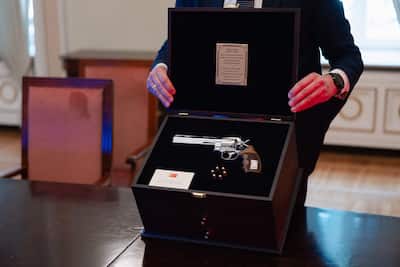 This press photo taken on July 9, 2026 and obtained from the Lithuanian President's office shows a revolver given by Turkish President Recep Tayyip Erdogan to Lithuanian President Gitanas Nauseda.