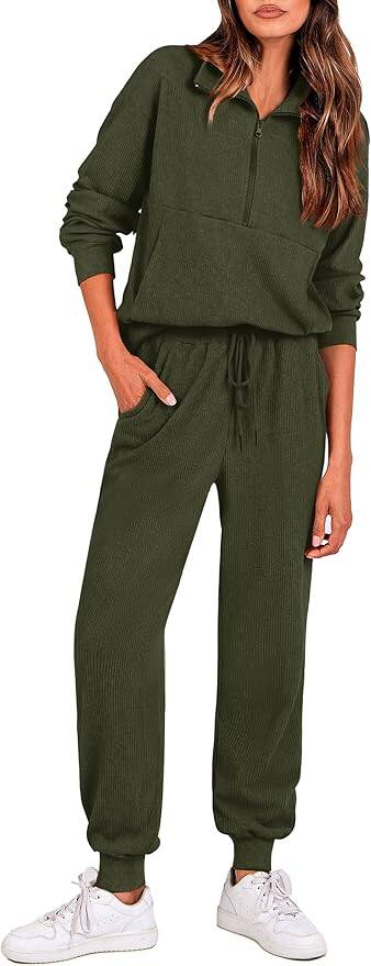 Ensemble De Survêtement Femme 2 Pièces En Coton - Pull Col V Et Pantalon - Confortable, Chaud, Grandes Tailles