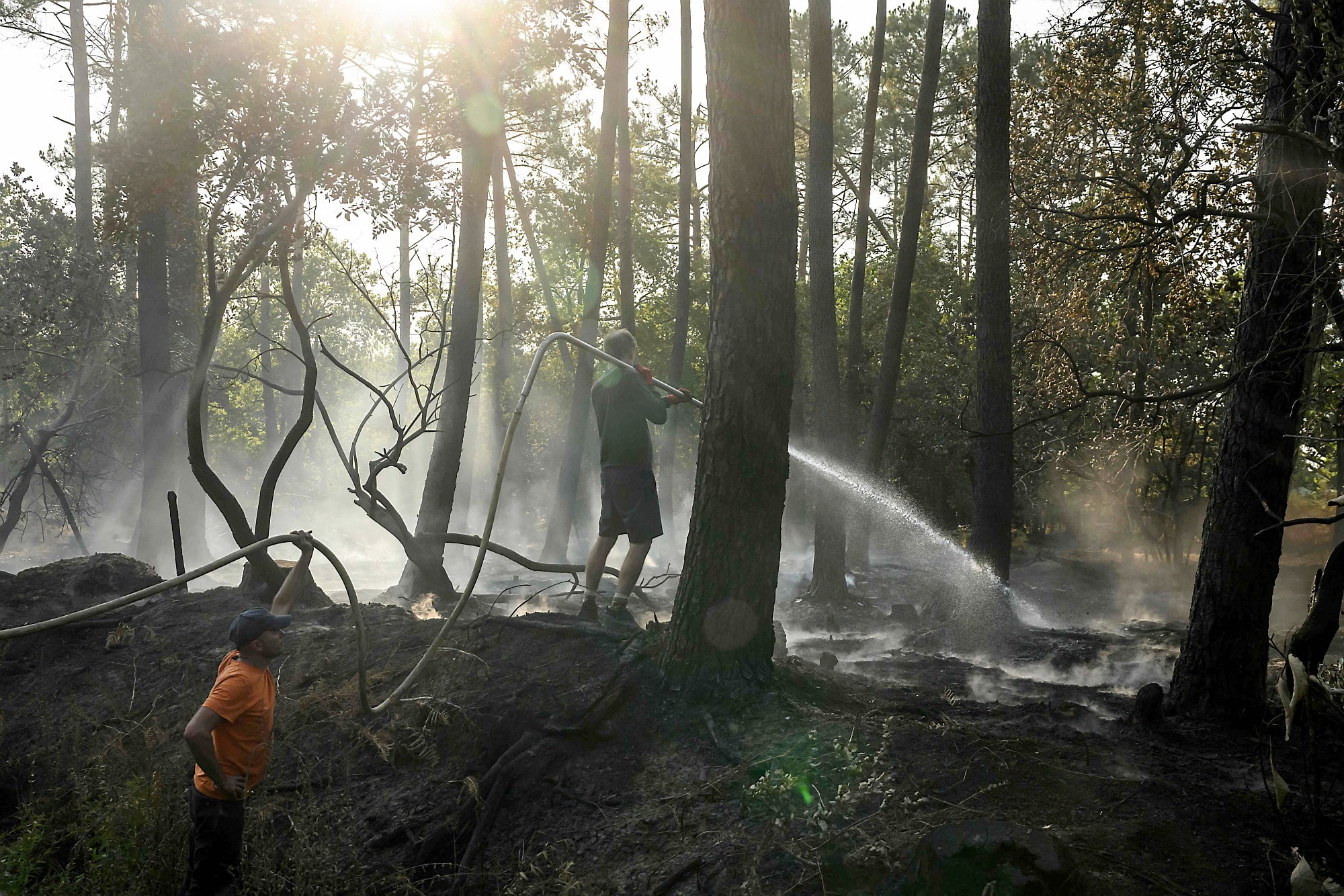 Volunteer firefighters spray water into a roadside wooded area near Le Porge, southwest France, July 27, 2026 as a forest fire rages in Gironde.
