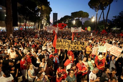 Demonstrators gather in front of the Albanian Prime Minister's office to protest against the construction of a luxury resort near a protected natural area on Albania's southern coast, in Tirana, July 4, 2026.