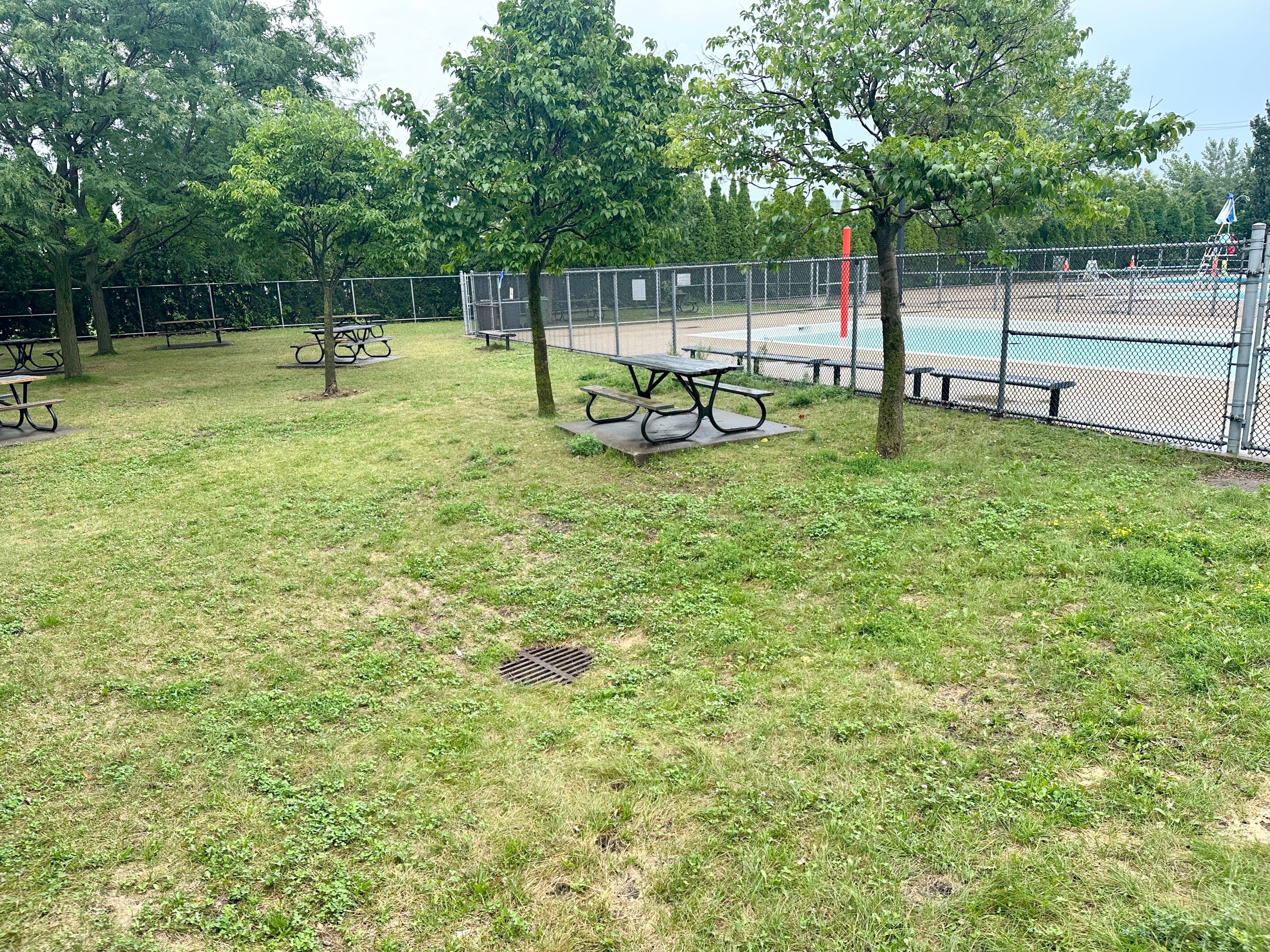 Vue sur l’aire gazonnée où se serait trouvé l’animateur du groupe d’Elya, à une quinzaine de mètres de la section clôturée de la piscine, selon la directrice générale du CCSE Maisonneuve. Les deux zones sont également séparées par une pataugeoire.
