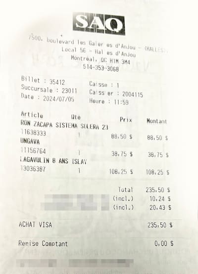 El 5 de julio de 2024, la construcción FTQ, dirigida por Éric Boisjoly (en Mortise), gastó $ 235.50 en el SAQ para ron, ginebra y una botella de escocés lagavulina 8 años por valor de $ 108.25.