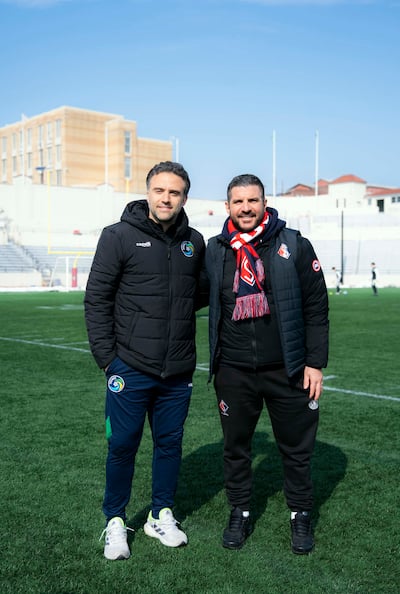 *SEM REVENDA / AUCUNE REVENTE* O vice-presidente do Cosmos de Nova York Giuseppe Rossi e o presidente do FC Supra do Québec Rocco Placentino durante a passagem do clube quebequense em Nova Jersey, no dia 17 de fevereiro de 2026. FOTO FOURNIE PAR FC SUPRA