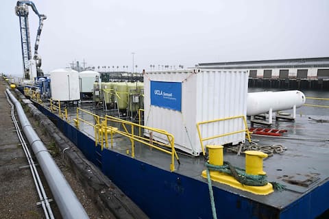 The equipment of the SeaChange research team, on a boat in the port of Los Angeles.