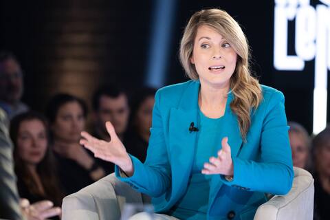 Shooting of the show Le Monde à l'envers, hosted by Stéphan Bureau, live and in front of an audience, at TVA studios, in Montreal on Friday, April 21, 2023. IN THE PHOTO: Mélanie Joly. TOMA ICZKOVITS / QMI AGENCY