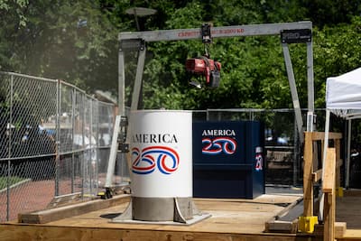 The America 250 time capsule, which will be buried on July 4, 2026 and reopened in 2276, at Independence National Historical Park on July 2, 2026 in Philadelphia, Pennsylvania.