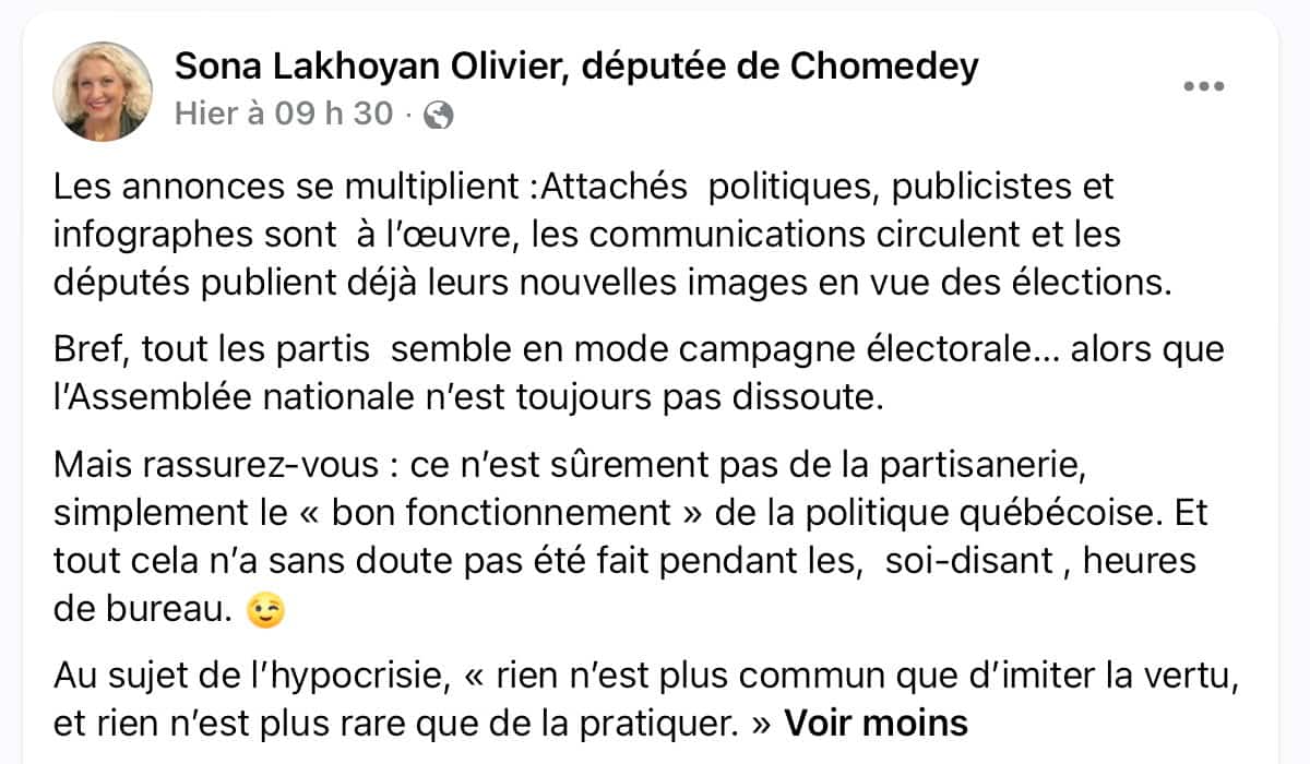 Dans sa publication sur Facebook, publiée le 11 août, Sona Lakhoyan laisse entendre que les autres partis font ce dont on l'a accusé.