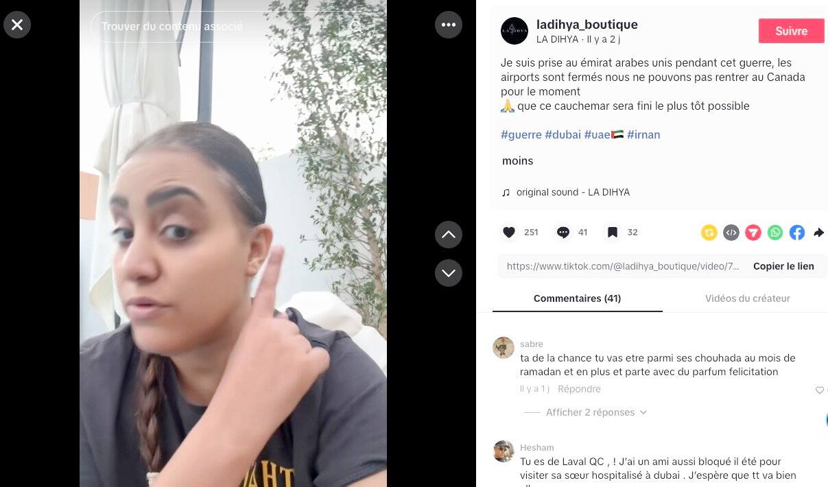 TikTok 上發布的一段影片的螢幕截圖，其中魁北克人法滕·加斯達拉 (Faten Gasdallah) 解釋說，他現在因戰爭而被困在阿拉伯聯合大公國。