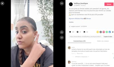 TikTok 上發布的一段影片的螢幕截圖,其中魁北克人法滕·加斯達拉 (Faten Gasdallah) 解釋說,他現在因戰爭而被困在阿拉伯聯合大公國。